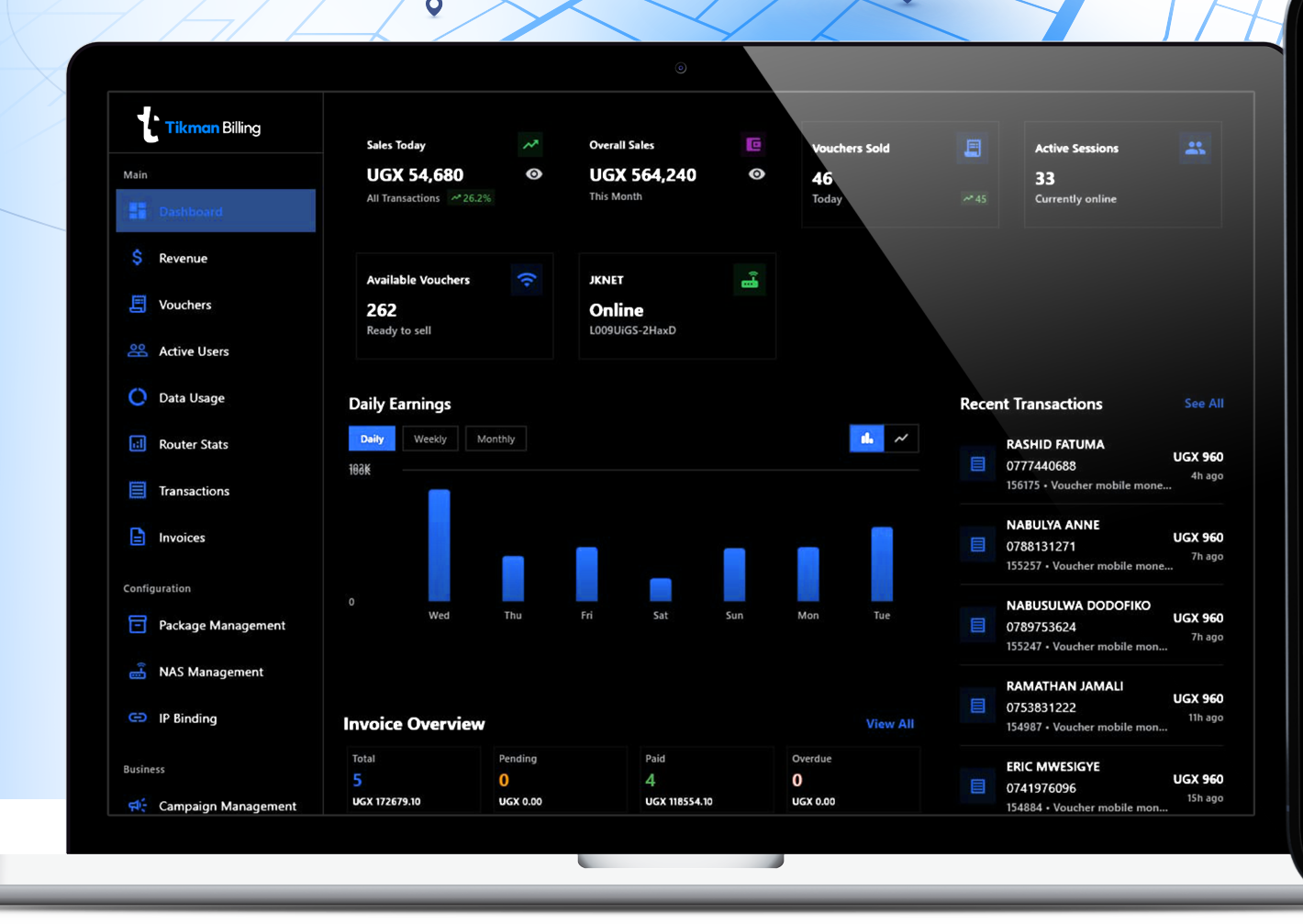 Tikman Billing dashboard on a laptop